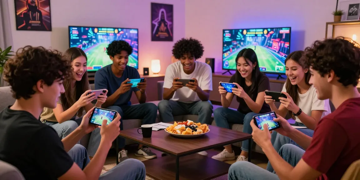 Explore here the exciting atmosphere of friends playing Teen Patti Boss on mobile devices in a cozy living room.