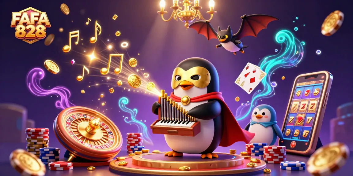 Play with FAFA 828 at a vibrant casino scene with golden coins cascading and exciting characters.
