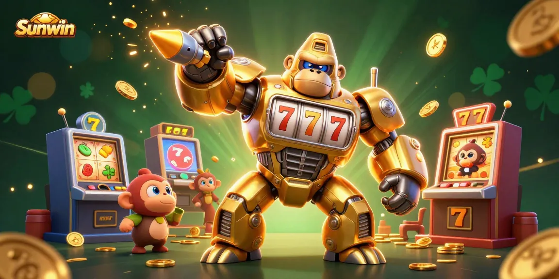 Experience thrilling gameplay with Sunwin, showcasing a golden gorilla mech amidst dynamic slot-themed elements.