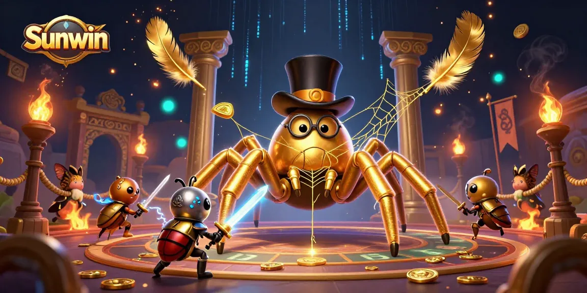 Immerse into the vibrant world of Sunwin, featuring a golden tarantula weaving webs of excitement around a thrilling casino backdrop.