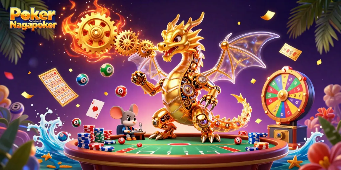 Engage with Poker Online Uang Asli Nagapoker amid golden dragon and vibrant gaming elements.