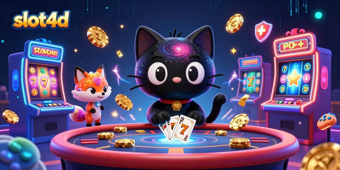 Engage with slot4d online casino adventure featuring a cartoon cosmic cat and colorful game elements.