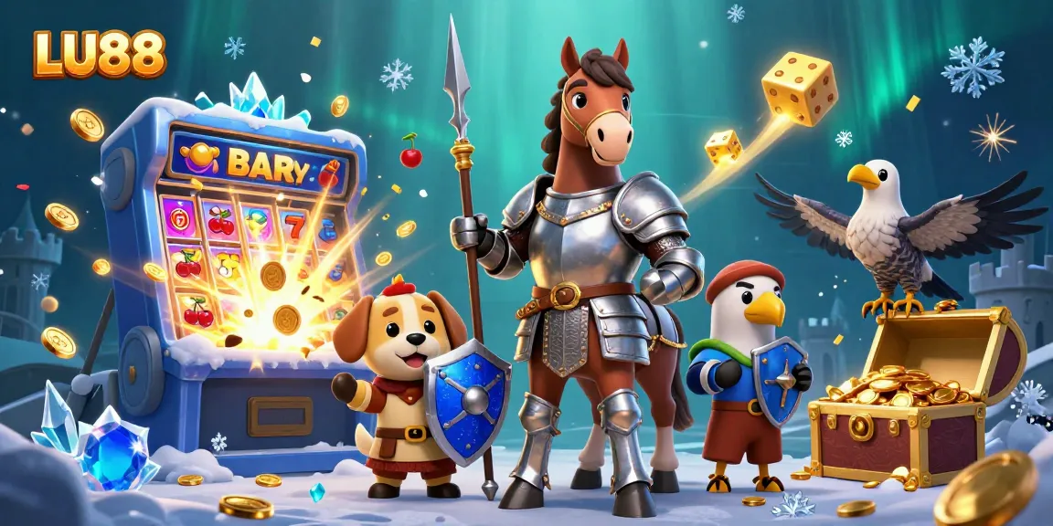 LU88 showcases a vivid scene of medieval characters amid dynamic casino symbols, illustrating thrilling gameplay.