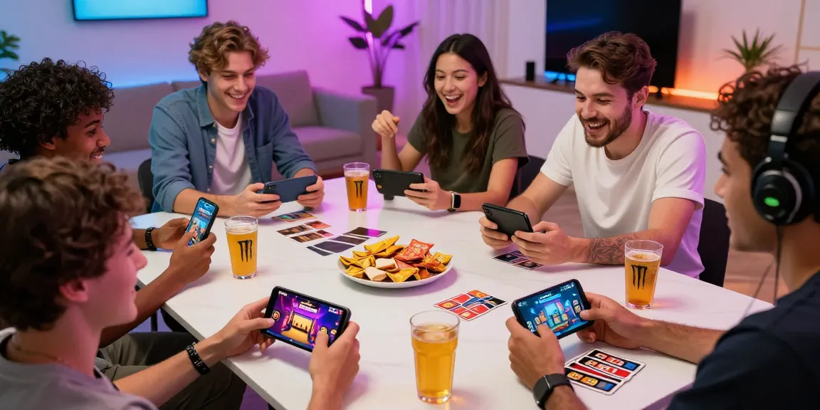 A group of friends enjoying the 663bet game on their smartphones amidst snacks and drinks in a vibrant living room.