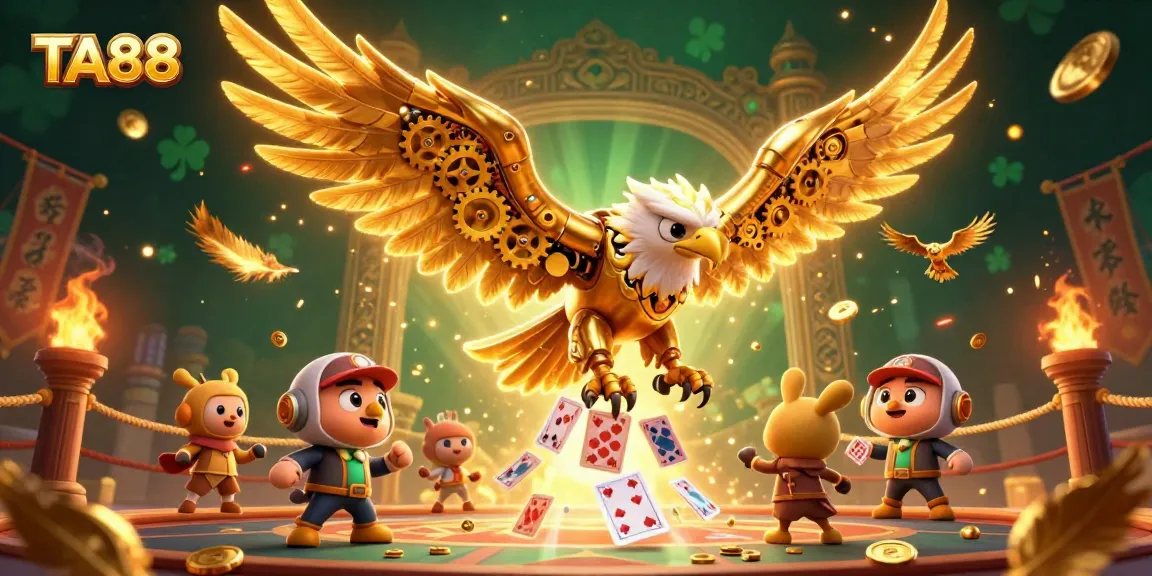 TA88 invites players into an energetic gambling experience featuring holographic cards and a golden eagle.