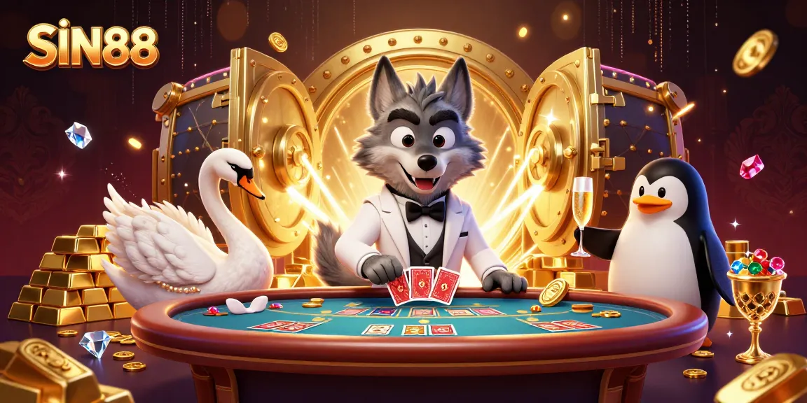 Experience SIN88 at a vibrant online casino with a debonair wolf and elegant characters amidst treasures.
