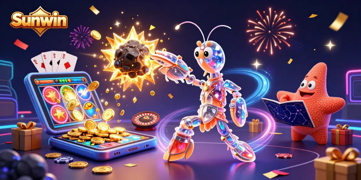 Sunwin offers thrilling slots gameplay as characters celebrate among exploding gems and coins.