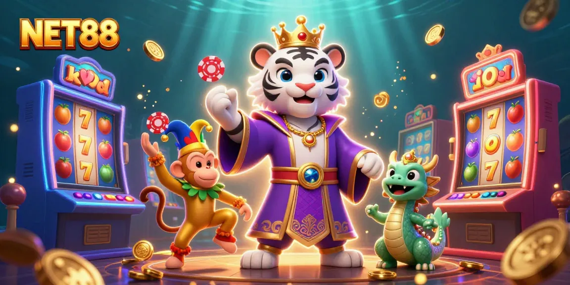Play vibrant slots with NET88 as the elegant white tiger and playful monkey enhance the casino experience.