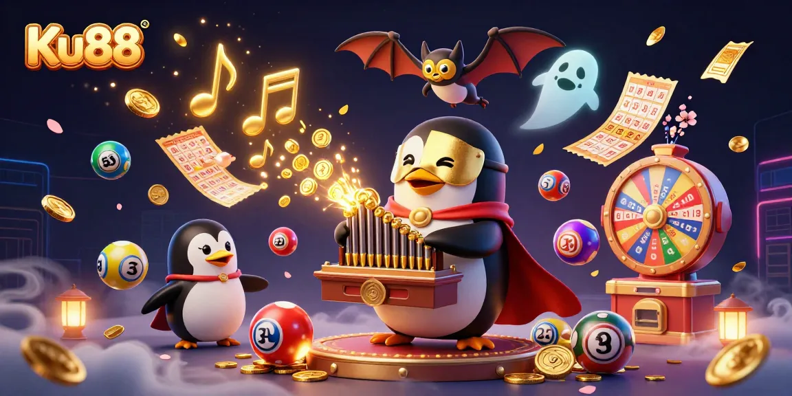 Experience an exciting winning moment at Ku88 with vibrant lottery elements and a musical scene.
