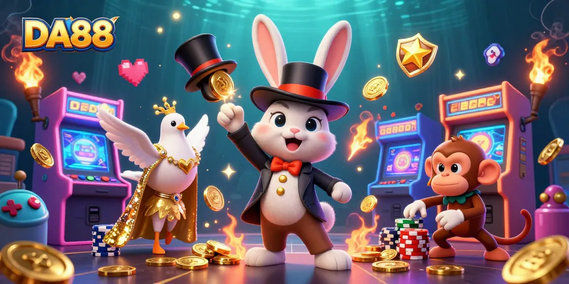 Experience the magic of DA88 with a cartoon rabbit, coins, and poker chips in a vibrant casino scene.