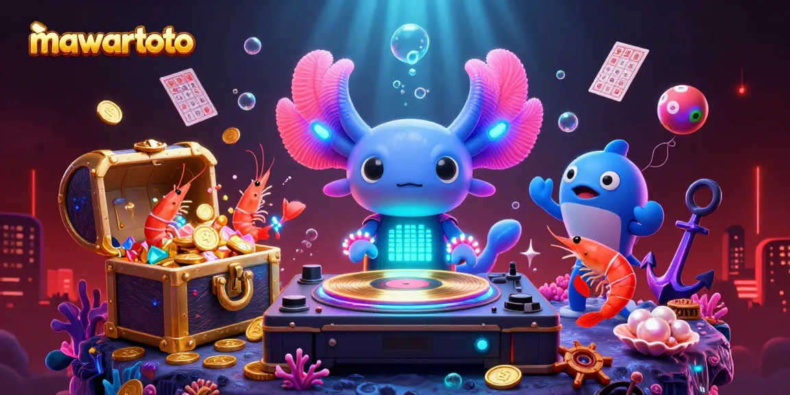 Mawartoto invites players into an exciting bingo and lottery scene featuring vibrant characters and treasure.