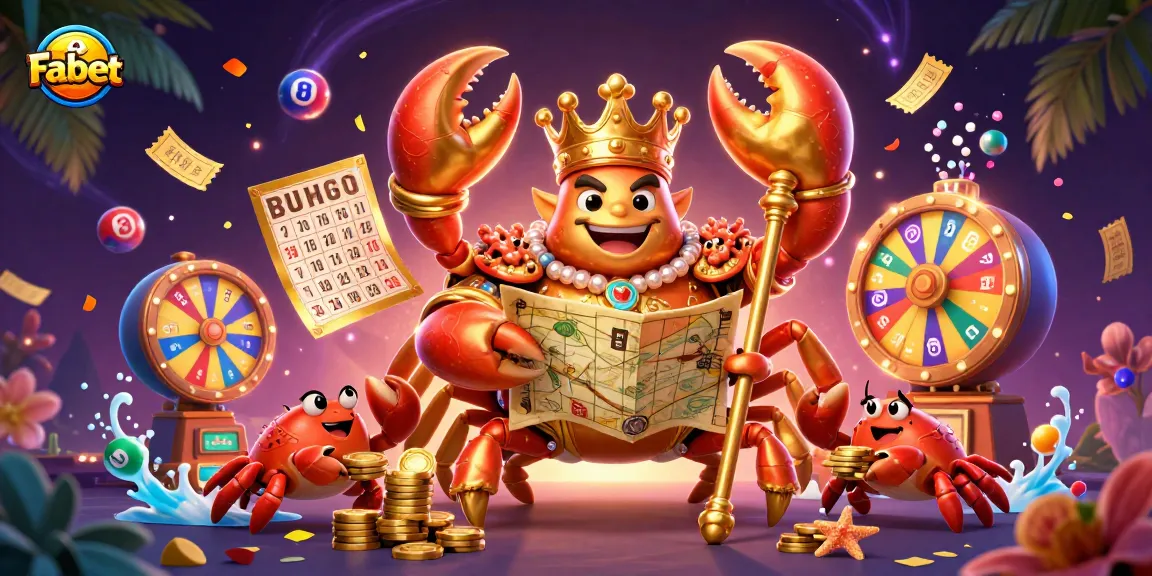 Experience thrilling gains with Fabet's exciting 3D crab-themed lottery illustration packed with vibrant elements.