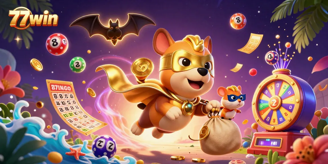 77win delivers exciting gaming experiences with a superhero dog, gold coins, and a vibrant casino theme.