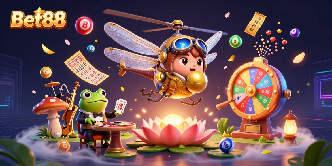 Join the excitement at Bet88's casino with vibrant lottery balls, a friendly frog croupier, and musical cricket performers.