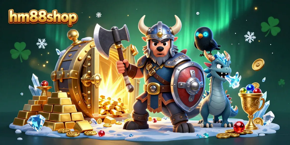 Play with luck at hm88shop in a vibrant 3D Viking-themed casino scene featuring heroes and treasures.