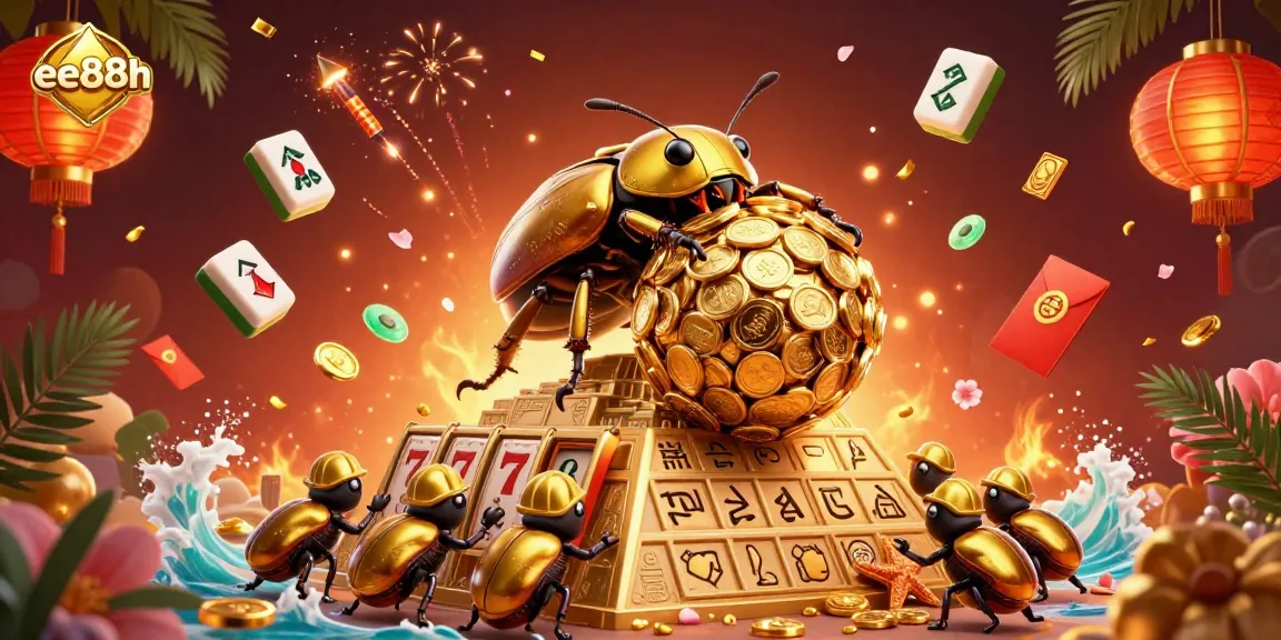 Experience the thrill at ee88h with golden beetles and slots amid vibrant casino elements.